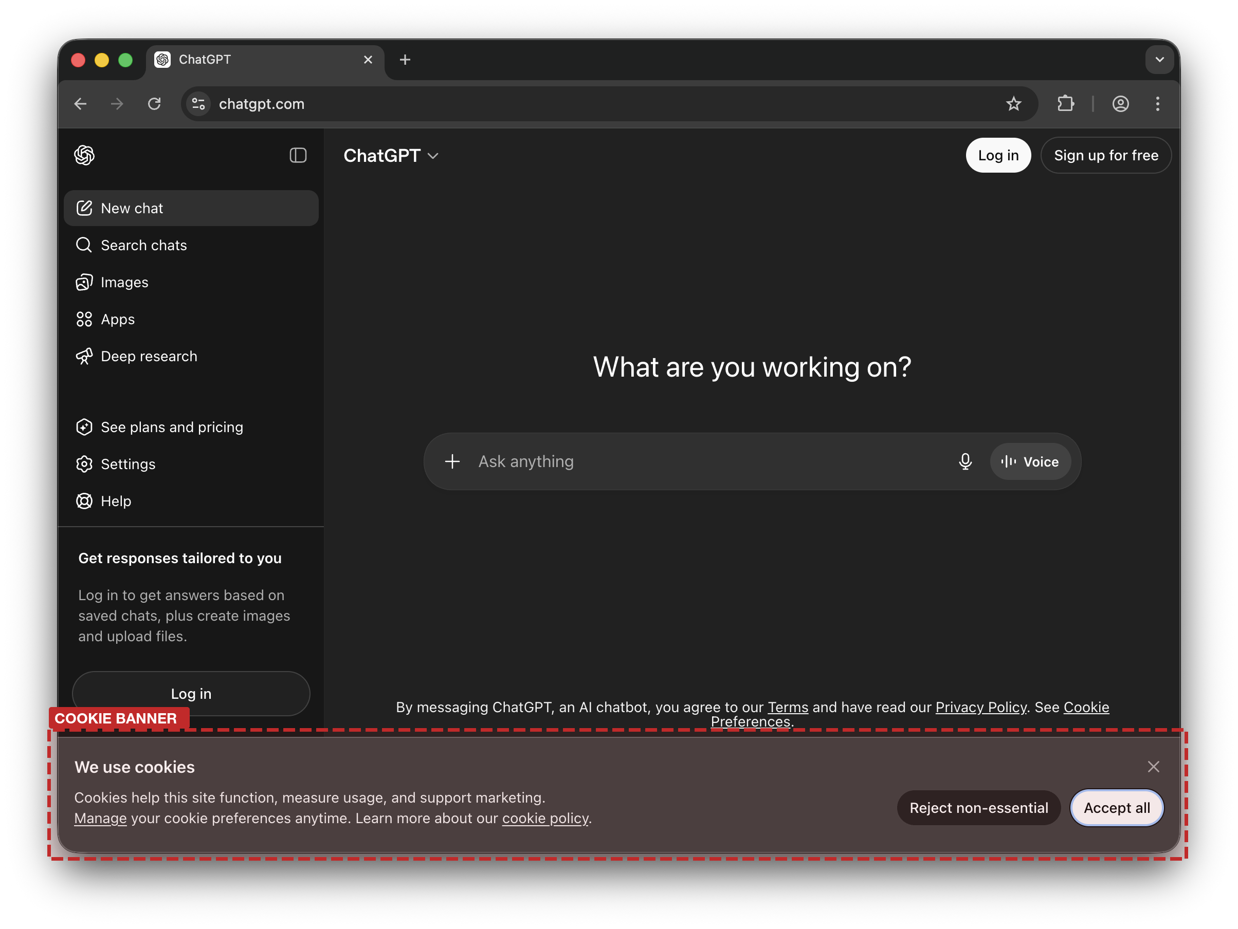 ChatGPT cookie consent popup