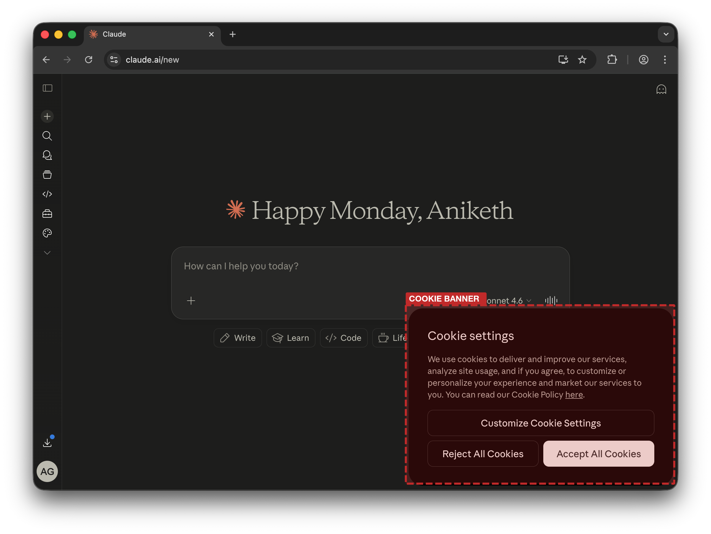 Claude cookie consent popup