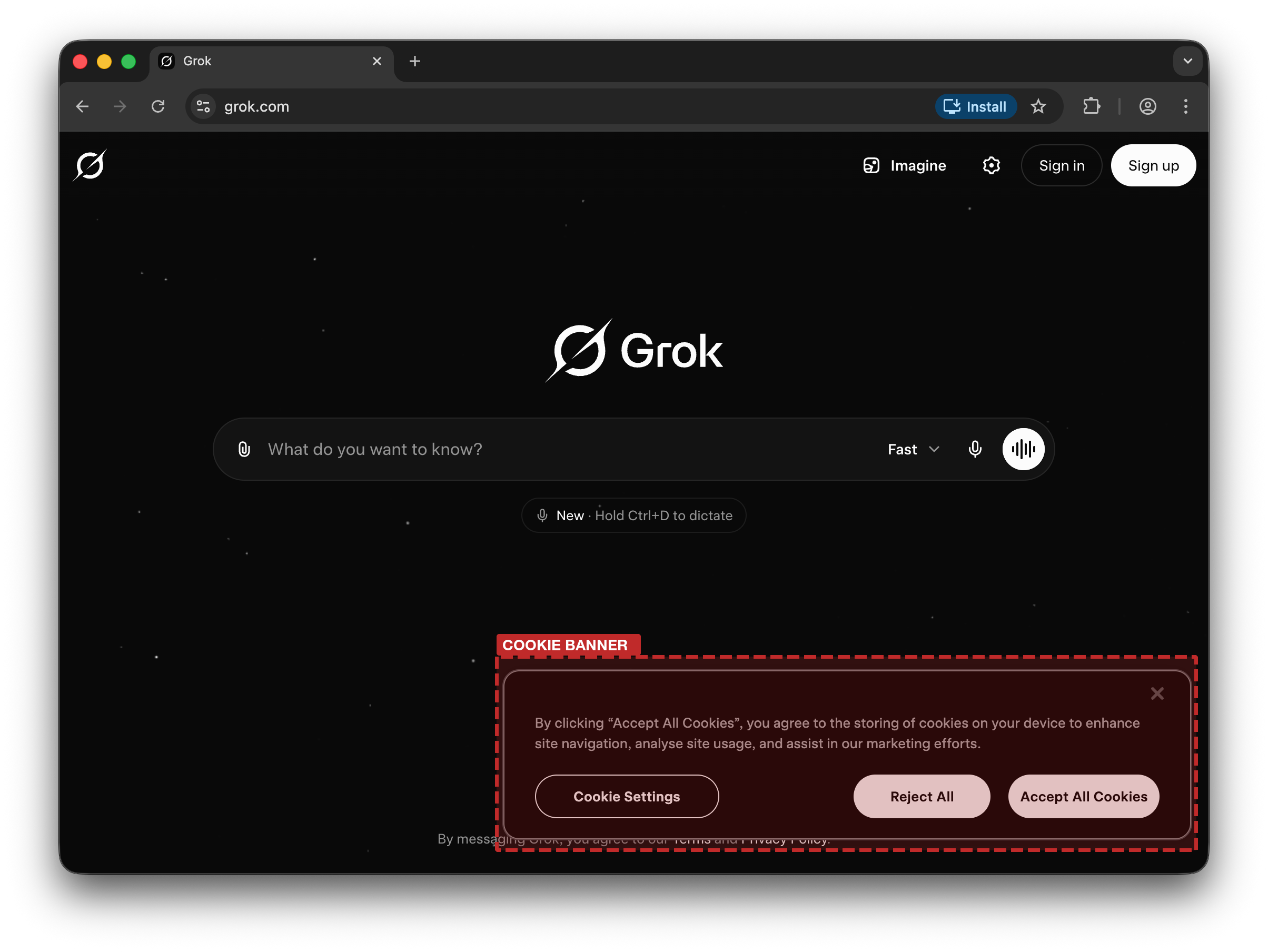 Grok cookie consent popup