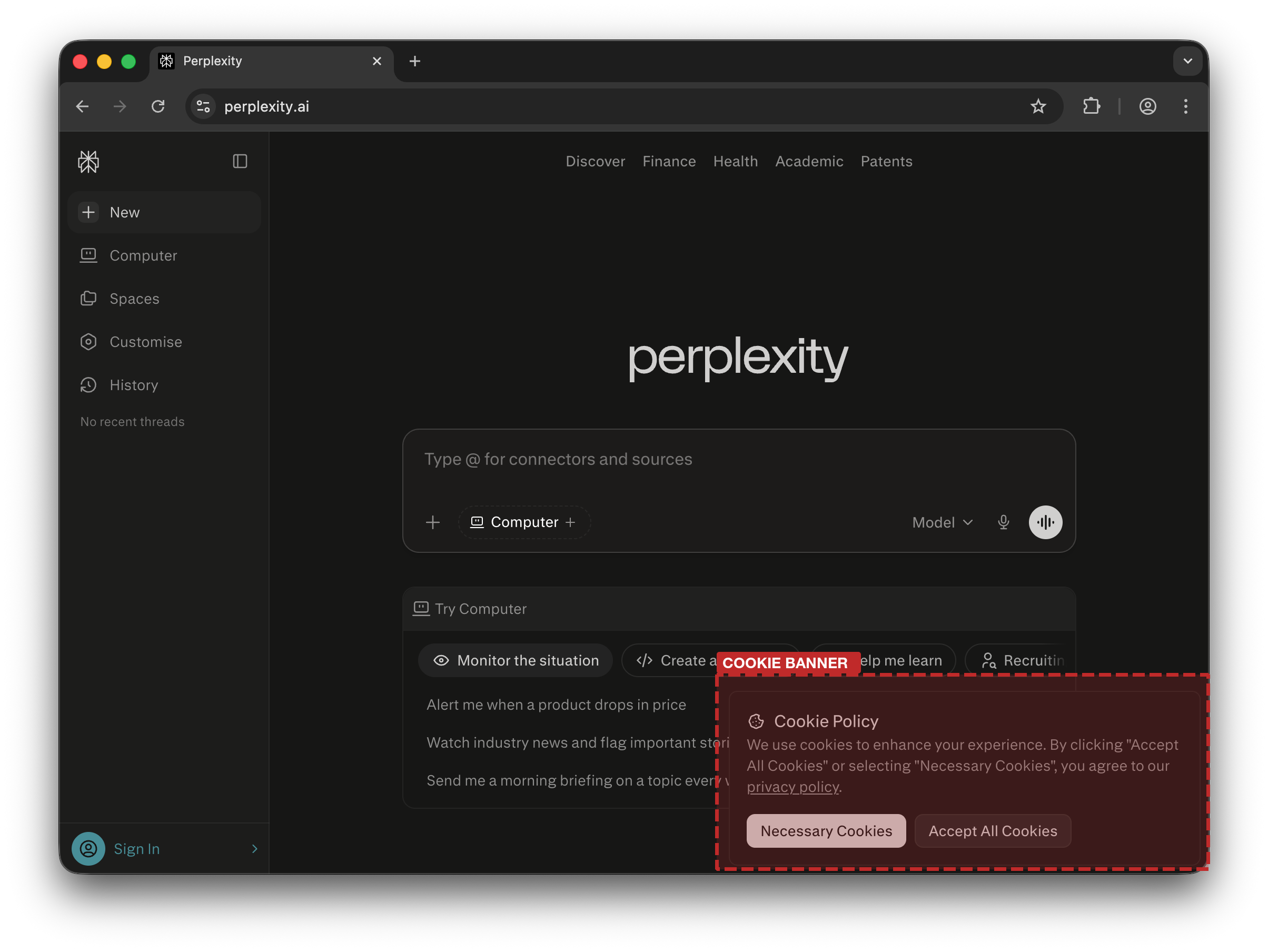 Perplexity cookie consent popup